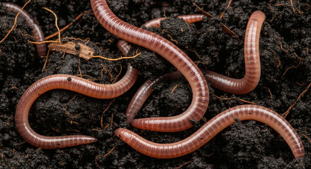 Obraz premium Close-up macro photograph revealing several earthworms wriggling and moving within dark, rich, fertile soil. The worms are a light pink