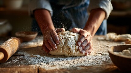 Close-up of hands kneading dough on a flour-dusted wooden surface; baking process