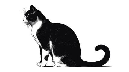 A black and white silhouette illustration of a sitting cat in a minimalist style. The cat is drawn in a side profile view, facing left