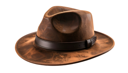 A worn brown leather fedora with a dark band, isolated on a black background