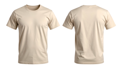 Front and back views of a beige crew neck short-sleeved cotton t-shirt isolated on black