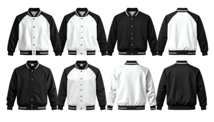 Multiple views of a baseball-style jacket with black sleeves and white body