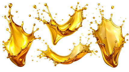 Set of dynamic oil splashes in golden hues, captured in motion, isolated on a white background