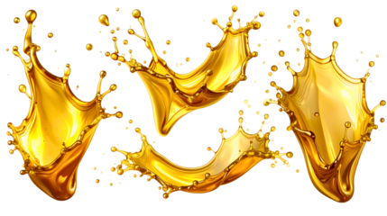 Set of dynamic oil splashes in golden hues, captured in motion, isolated on a white background
