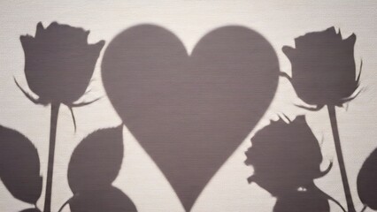Artistic Shadow Silhouettes of Roses and a Large Heart on Textured Wall Surface for Romance Valentines day