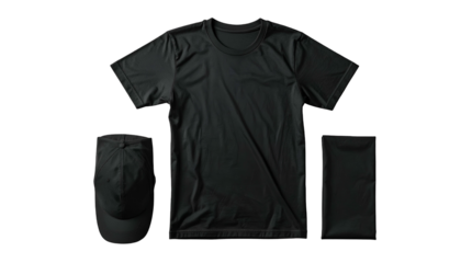 A dark studio shot features a black T-shirt, cap, and a rectangular garment