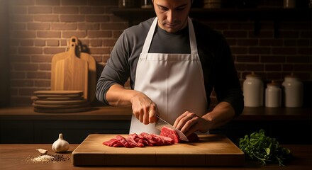 Professional chef in action cutting raw meat on wooden board in kitchen with knife wearing apron for dinner preparation and displaying culinary skills for high end cuisine