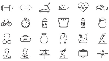 Comprehensive fitness and healthy lifestyle icon collection featuring gym equipment and wellness symbols for corporate health programs and sports business marketing projects.