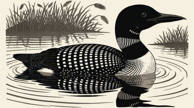 A black and white woodcut illustration of a loon swimming in water, rendered in a traditional folk art style (4)_traced