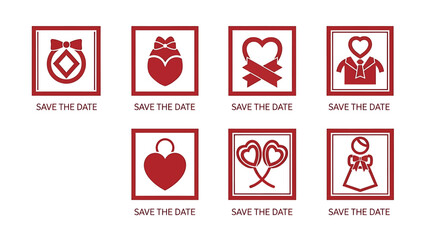Collection of red wedding icons with save the date text.