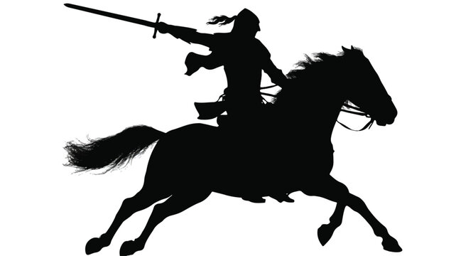 A black silhouette illustration of a medieval knight riding a charging horse in a dynamic pose (1)_traced