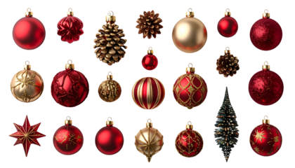 Assorted festive ornaments, including balls, pinecones, and a miniature tree, against black