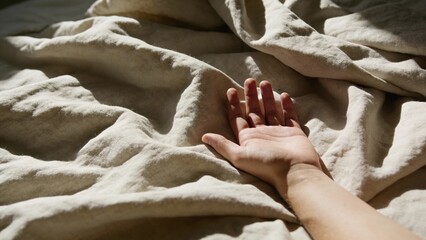 Hand resting on soft, crumpled linen fabric in warm sunlight, conveying a sense of tranquility and digital detox, inviting relaxation and mindfulness