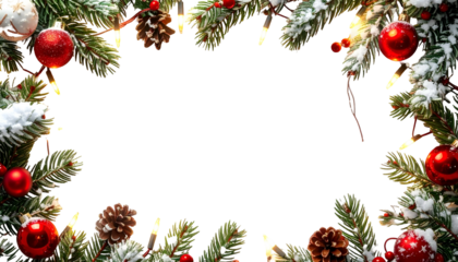 Festive Christmas frame. Evergreen boughs adorned with ornaments, pinecones and snowy accents