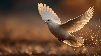 Obraz premium Dove in flight with soft sunset background. Peace concept.
