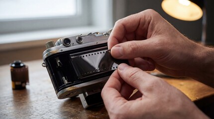 Hands of a photographer loading film into a vintage camera on a wooden table, surrounded by soft natural light, capturing the essence of digital detox and unplugged creativity