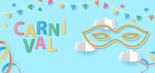Carnival card or banner with streamers, gold carnival mask and hanging flag garlands