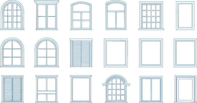 Window frame vector set featuring architectural window styles shutters arched square facades and building exterior elements
