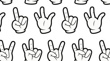 Collection of cartoon hands in white gloves displaying various gestures like pointing, peace sign, and rock-and-roll signs in a repeating graphic background.