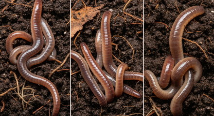 Obraz premium Close-up macro shots showcase multiple earthworms in different positions, set against dark soil with visible roots and a leaf