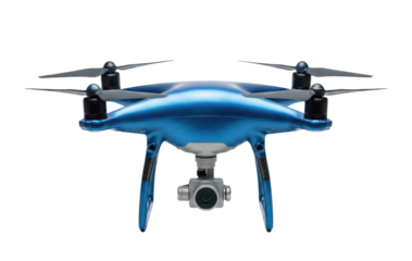 Metallic blue drone with camera isolated. Modern aerial quadcopter.
