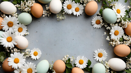 Easter eggs and flowers on gray background with copy space