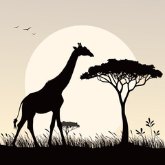Fototapeta premium Giraffe Silhouette Vector Minimalist Black Resting Neck Peaceful Icon