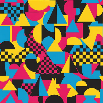 geometric abstract pattern featuring colorful shapes and checkerboard designs creates a vibrant retro background suitable for fashion web and product branding.
