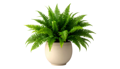 A lush green fern in a round beige pot against a transparent backdrop