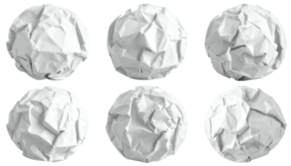 Six crumpled spheres, white paper, different angles, with visible folds and wrinkles