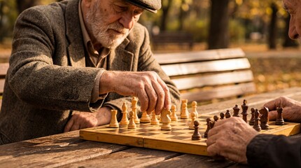 Captivating moment of elderly individuals deeply engrossed in a strategic chess game, capturing the timeless essence of intellect and camaraderie.