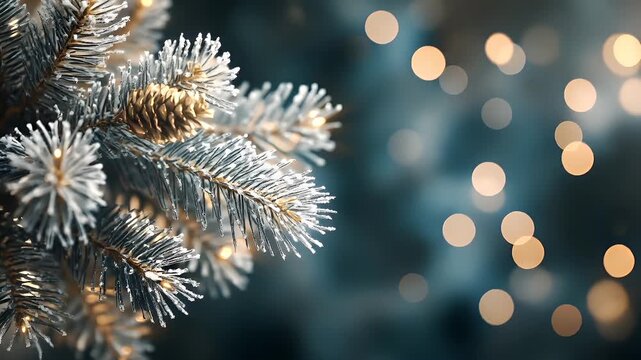 A closeup of a pine tree with frosted branches and pine cones, set against a bokeh background with warm, golden lights. The style of the image is festive and celebratory.