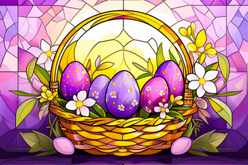 Traditional Easter basket with decorated eggs and spring flowers, stylized modern stained glass, bold mosaic tiles.