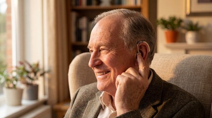 An elder man smiles warmly, sitting in his home near the window, a portrait of contented life. The image radiates peace and tranquility.