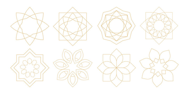 Set of gold geometric mandala and floral line art icons