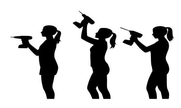Female silhouettes using power drill in different positions, woman handyman or contractor working with electric drill, home improvement and DIY construction concept isolated on white background - Powered by Adobe