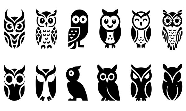 Set of owl icons and silhouettes, black and white vector bird illustrations in various styles from cute cartoon to tribal and minimalist, nocturnal wildlife symbols isolated on white background