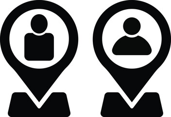 Location pin with person icon. User position symbols. Map pointer with avatar graphic design. Current Location Icons. Man inside map pin symbol
