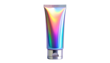 Holographic cosmetic tube, standing upright, with silver cap and base against a black backdrop