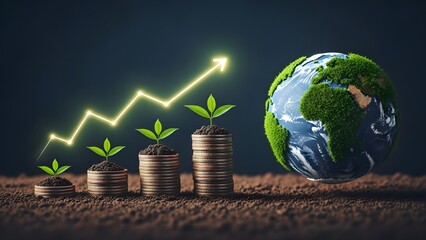 Sustainable growth and financial prosperity on earth with green plants rising