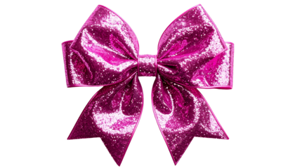 A shimmering, magenta bow with glittery texture, against a stark black background