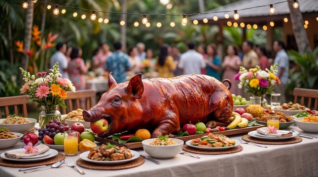 A vibrant scene of a lavish feast, a roasted pig centerpiece, adorned with colorful dishes and festive ambiance, setting the stage for a memorable gathering.