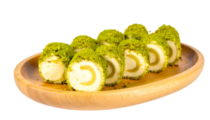 Creamy cheese rolls with olive center, encrusted in pistachio, presented on a wooden platter