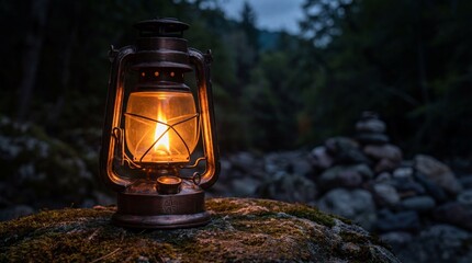 An antique oil lantern glows warmly against a backdrop of a dense forest. The illuminated lantern sets the mood with a captivating blend of vintage aesthetic and natural tranquility.