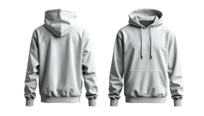 Front and back views of a white hoodie with a drawstring and a kangaroo pocket