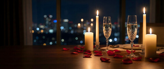 Romantic candlelight dinner with champagne and city skyline view. Valentine's night out.