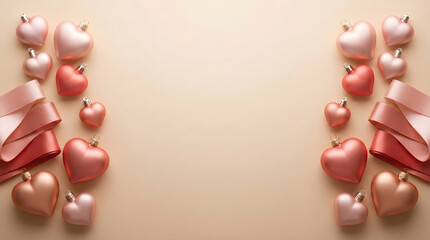 Rose gold heart ornaments with satin ribbons on beige background. Romantic border design.