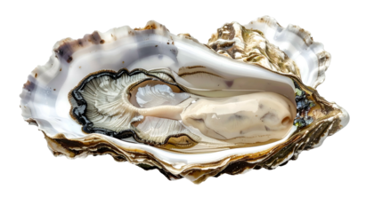 Open oyster shell revealing a plump mollusk, creamy flesh, and intricate inner texture