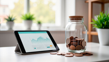 Tablet displaying financial data next to jar of coins at home