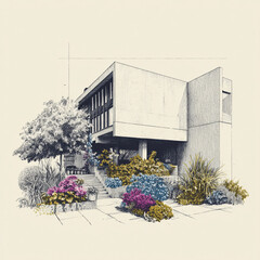 A minimalist brutalist concrete house surrounded by lush vegetation, illustrated in a soft sketch style, blending modern architecture with nature.